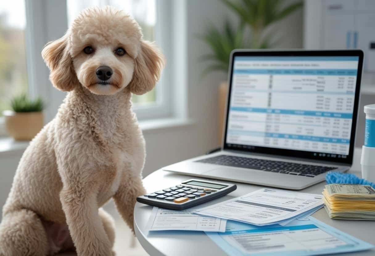 A poodle dog sitting next to a table with bills, a calculator, and pet care items in a bright home setting. A poodle dog sitting next to a table with bills, a calculator, and pet care items in a bright home setting.