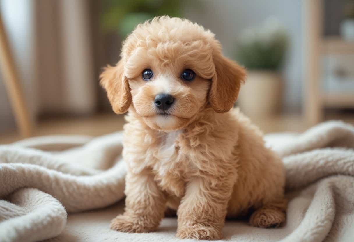 A light apricot poodle puppy sitting on a soft blanket indoors, looking curious and playful. A light apricot poodle puppy sitting on a soft blanket indoors, looking curious and playful.