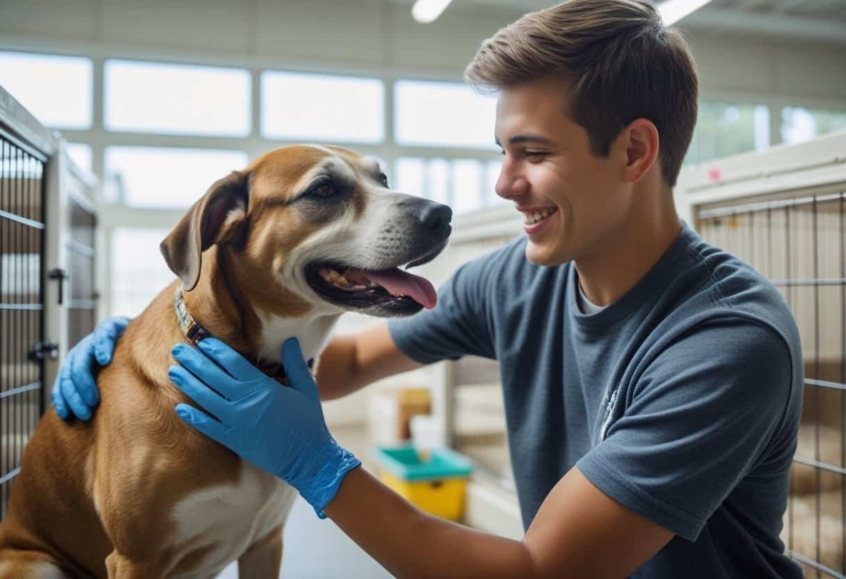 A volunteer gently petting a happy dog inside an animal shelter. A volunteer gently petting a happy dog inside an animal shelter.