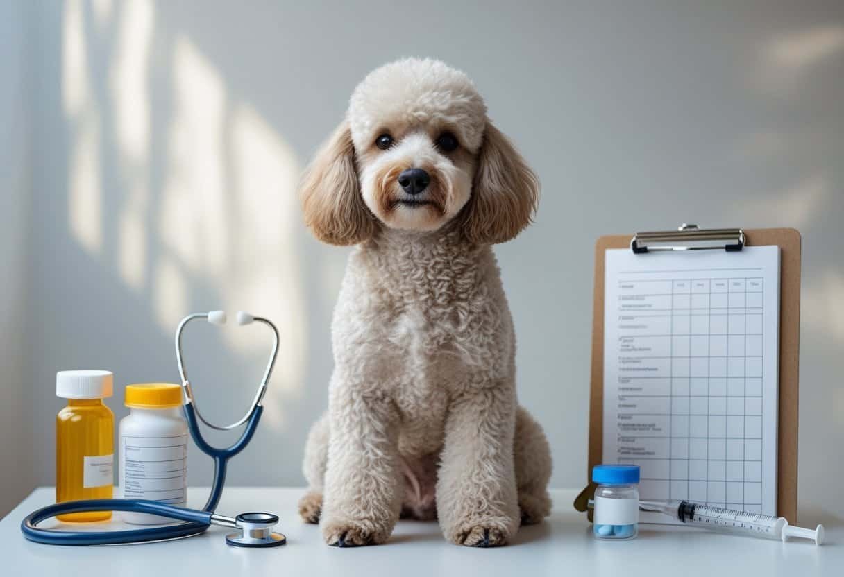 A poodle dog sitting next to veterinary medical items including a stethoscope, pill bottle, syringe, and medical chart on a white surface. A poodle dog sitting next to veterinary medical items including a stethoscope, pill bottle, syringe, and medical chart on a white surface.