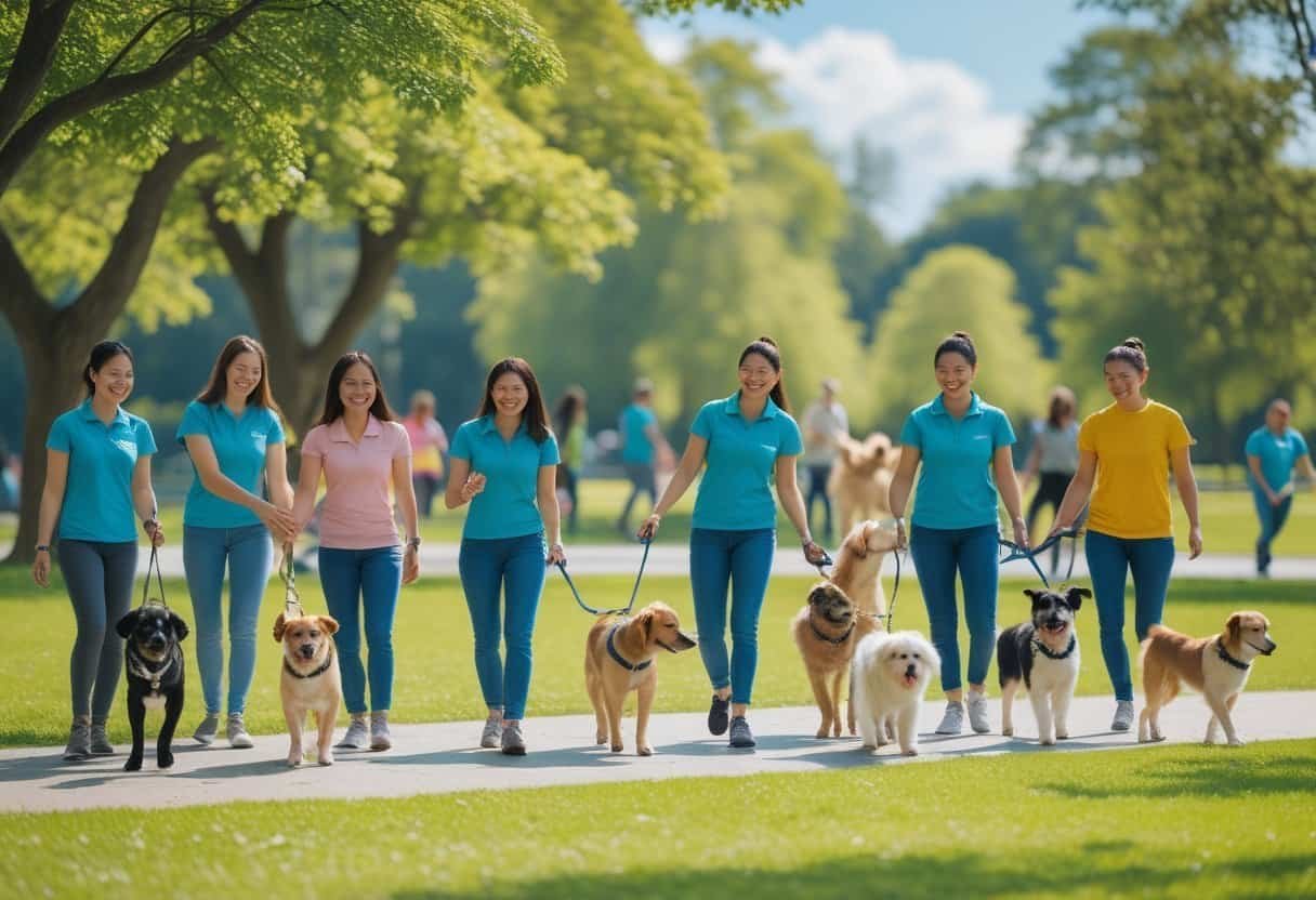 Volunteers happily interacting with dogs in a sunny park, showing teamwork and care. Volunteers happily interacting with dogs in a sunny park, showing teamwork and care.