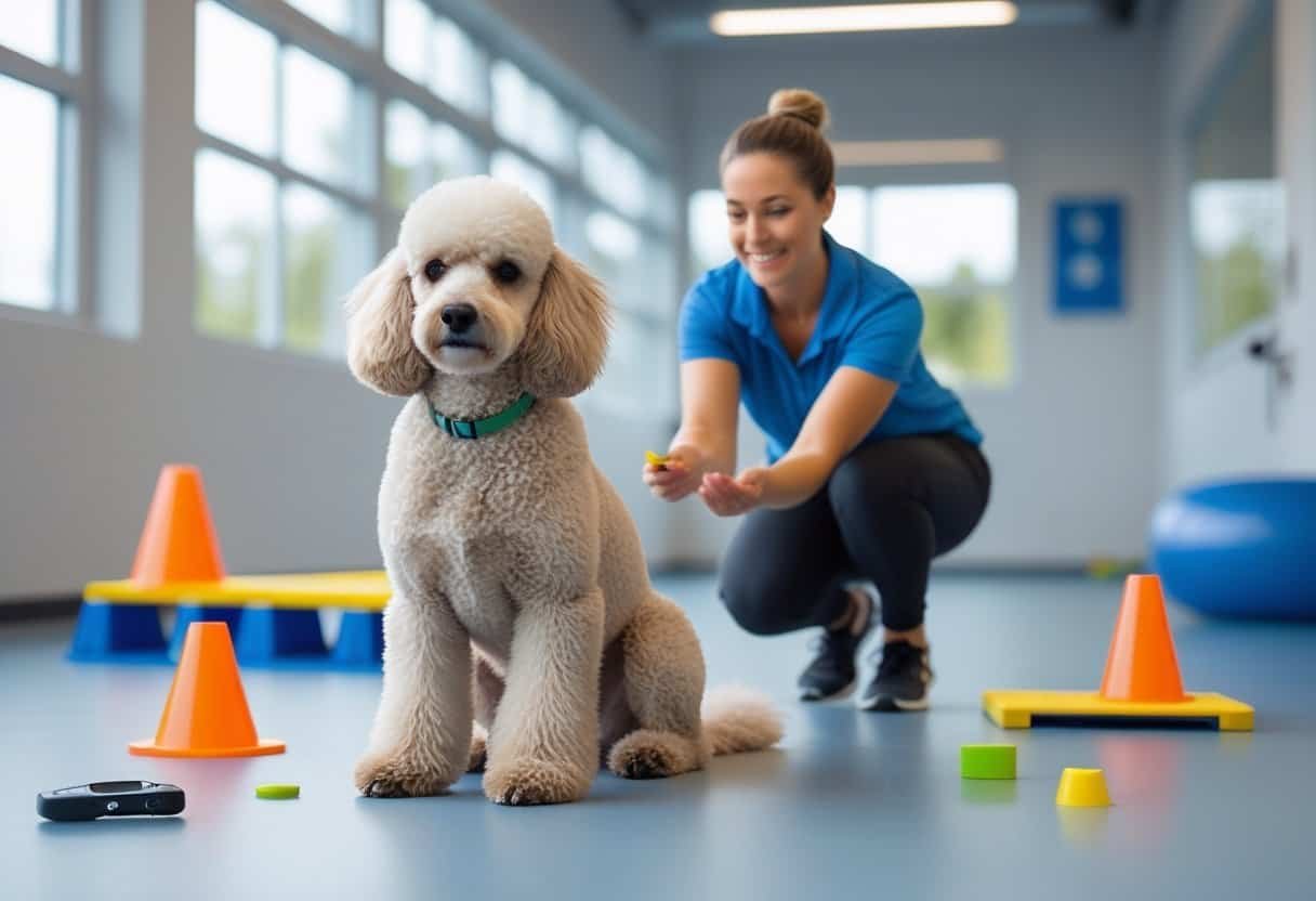 A poodle dog sitting attentively in a training facility with a dog trainer guiding it using hand signals and treats. A poodle dog sitting attentively in a training facility with a dog trainer guiding it using hand signals and treats.