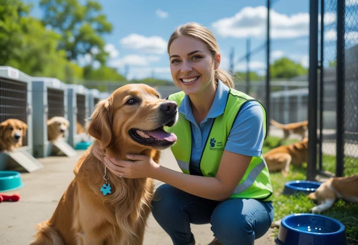 A young woman petting a golden retriever at an outdoor animal shelter with dog kennels and greenery in the background. A young woman petting a golden retriever at an outdoor animal shelter with dog kennels and greenery in the background.