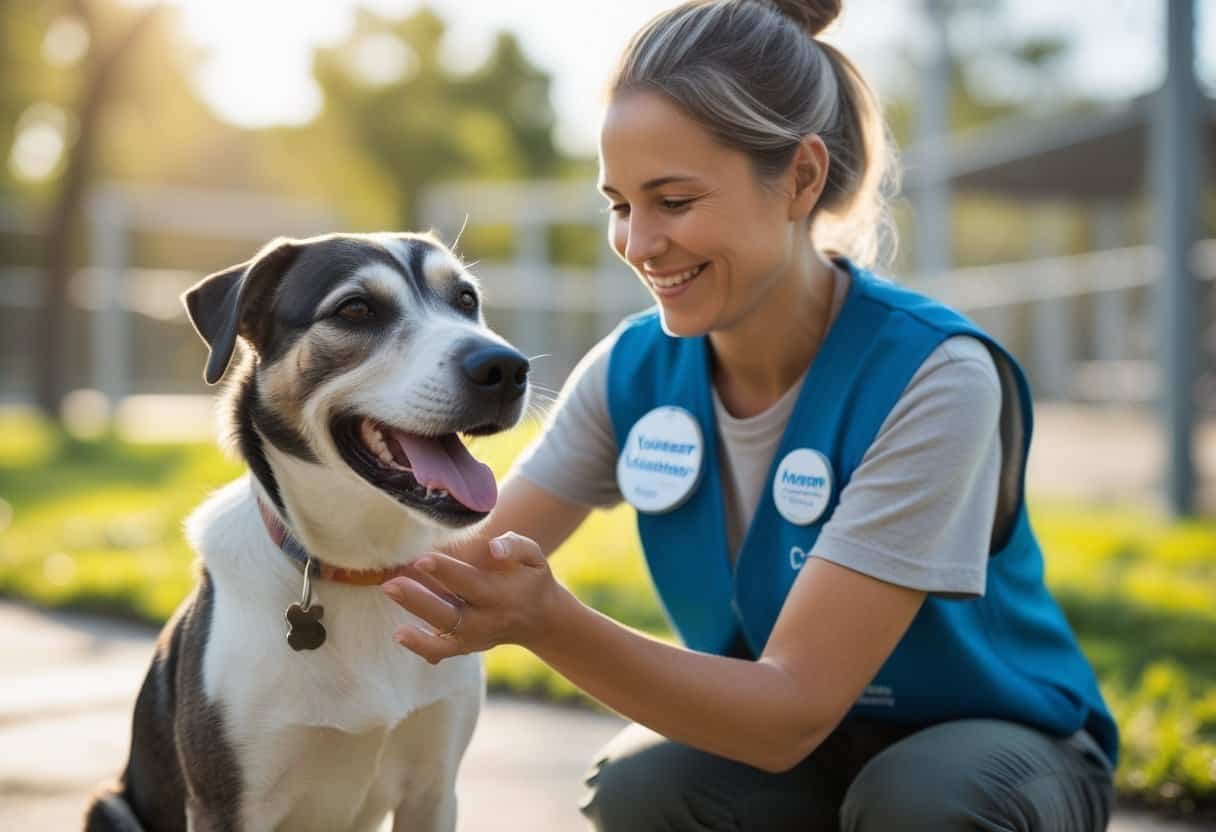A volunteer gently petting a happy dog outdoors in a park-like setting. A volunteer gently petting a happy dog outdoors in a park-like setting.