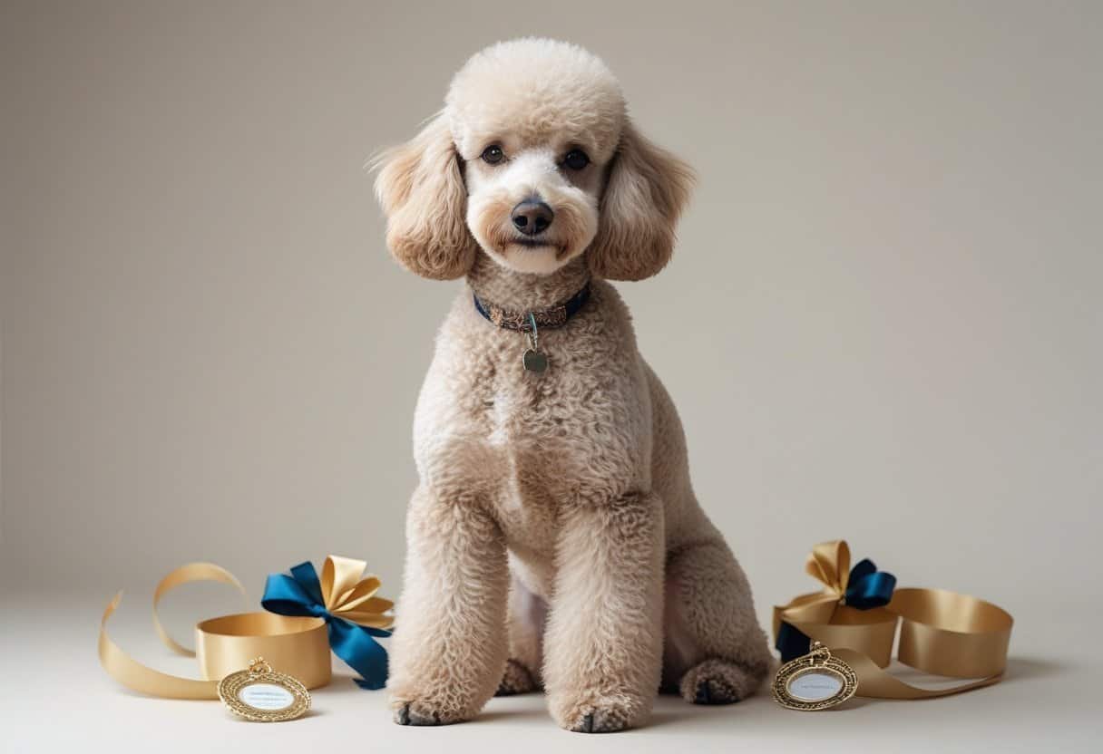 A well-groomed poodle dog sitting calmly on a neutral background with subtle decorative items nearby representing breeders and sources. A well-groomed poodle dog sitting calmly on a neutral background with subtle decorative items nearby representing breeders and sources.