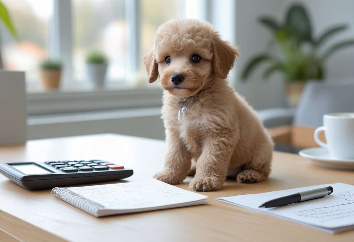 A poodle puppy sitting on a table next to a calculator, notepad, and pen in a bright home setting. A poodle puppy sitting on a table next to a calculator, notepad, and pen in a bright home setting.