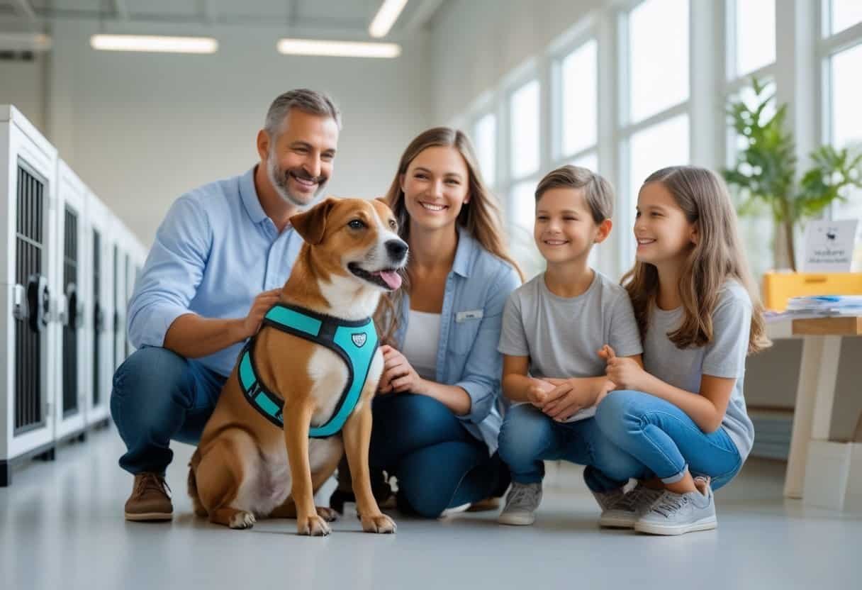 A happy family interacting with a calm, trained dog inside a bright animal shelter adoption center.