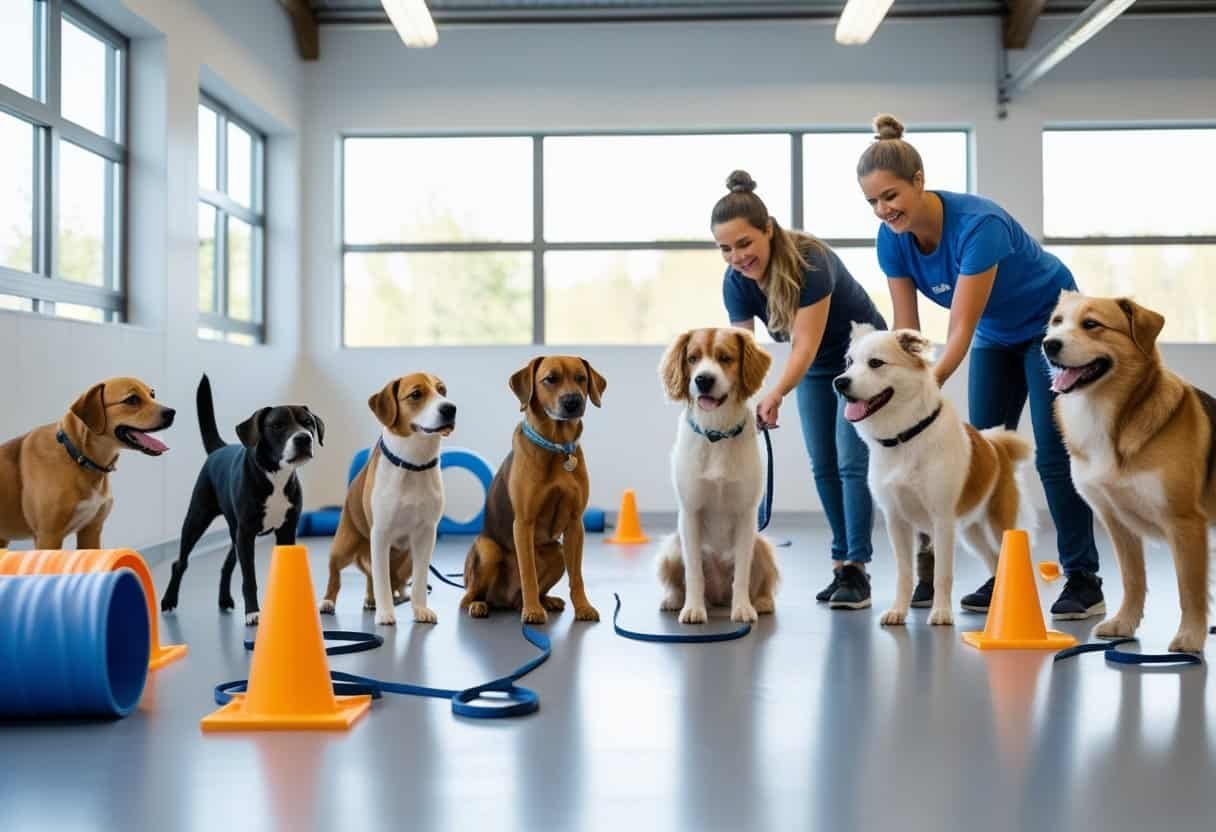A group of dogs being gently trained by people in a bright indoor space with training equipment. A group of dogs being gently trained by people in a bright indoor space with training equipment.