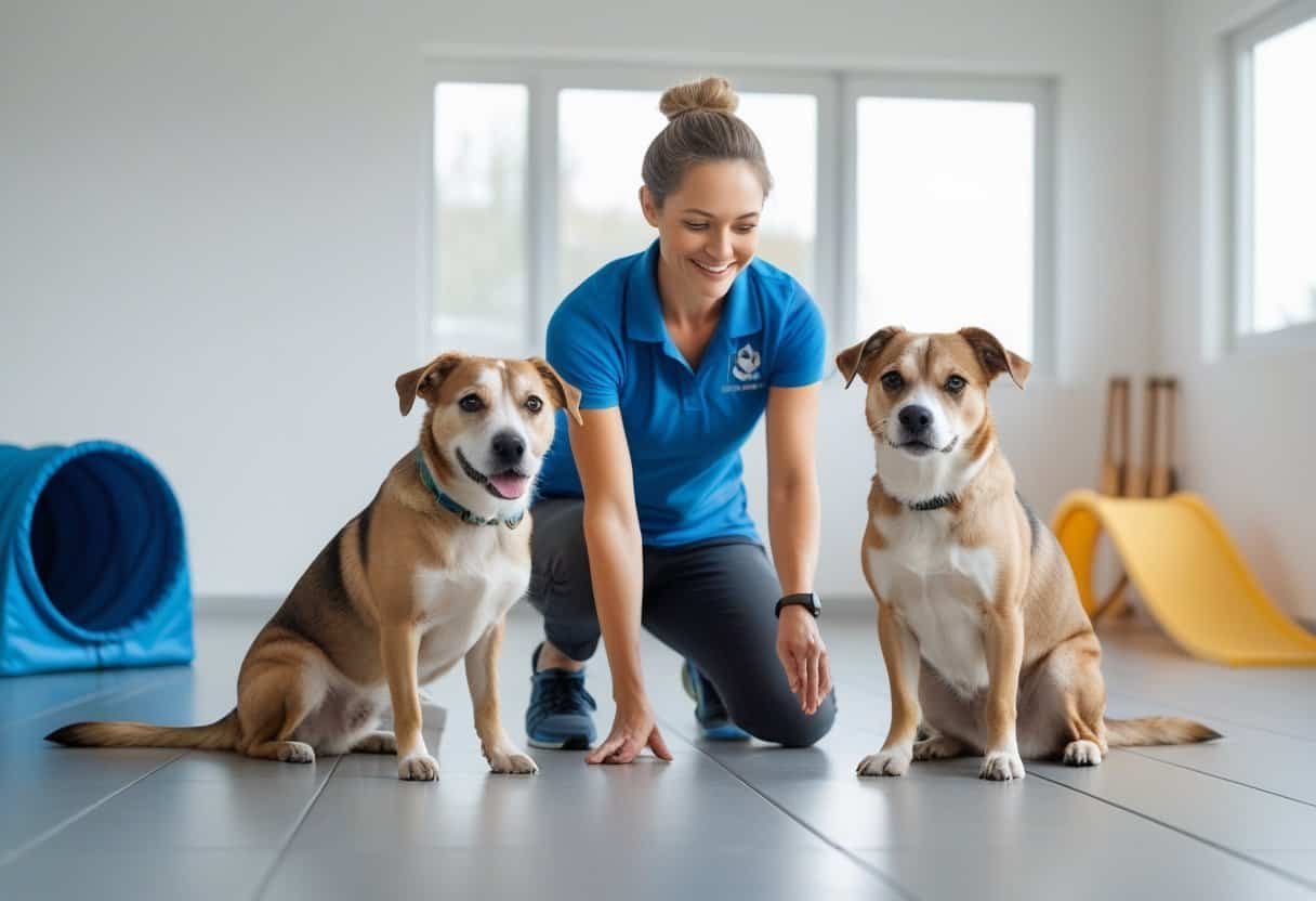 A dog trainer working with two rescue dogs indoors during a house training session.