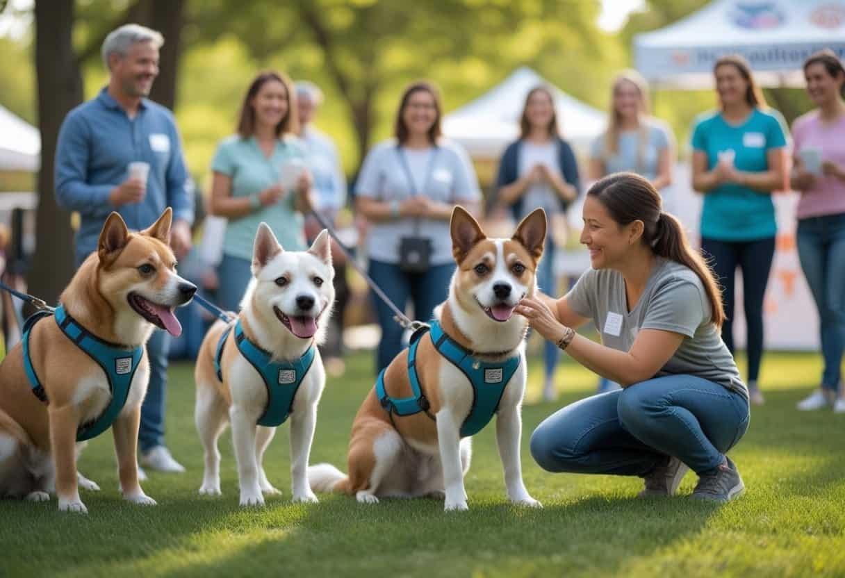 People interacting with trained dogs wearing harnesses at an outdoor adoption event in a park. People interacting with trained dogs wearing harnesses at an outdoor adoption event in a park.