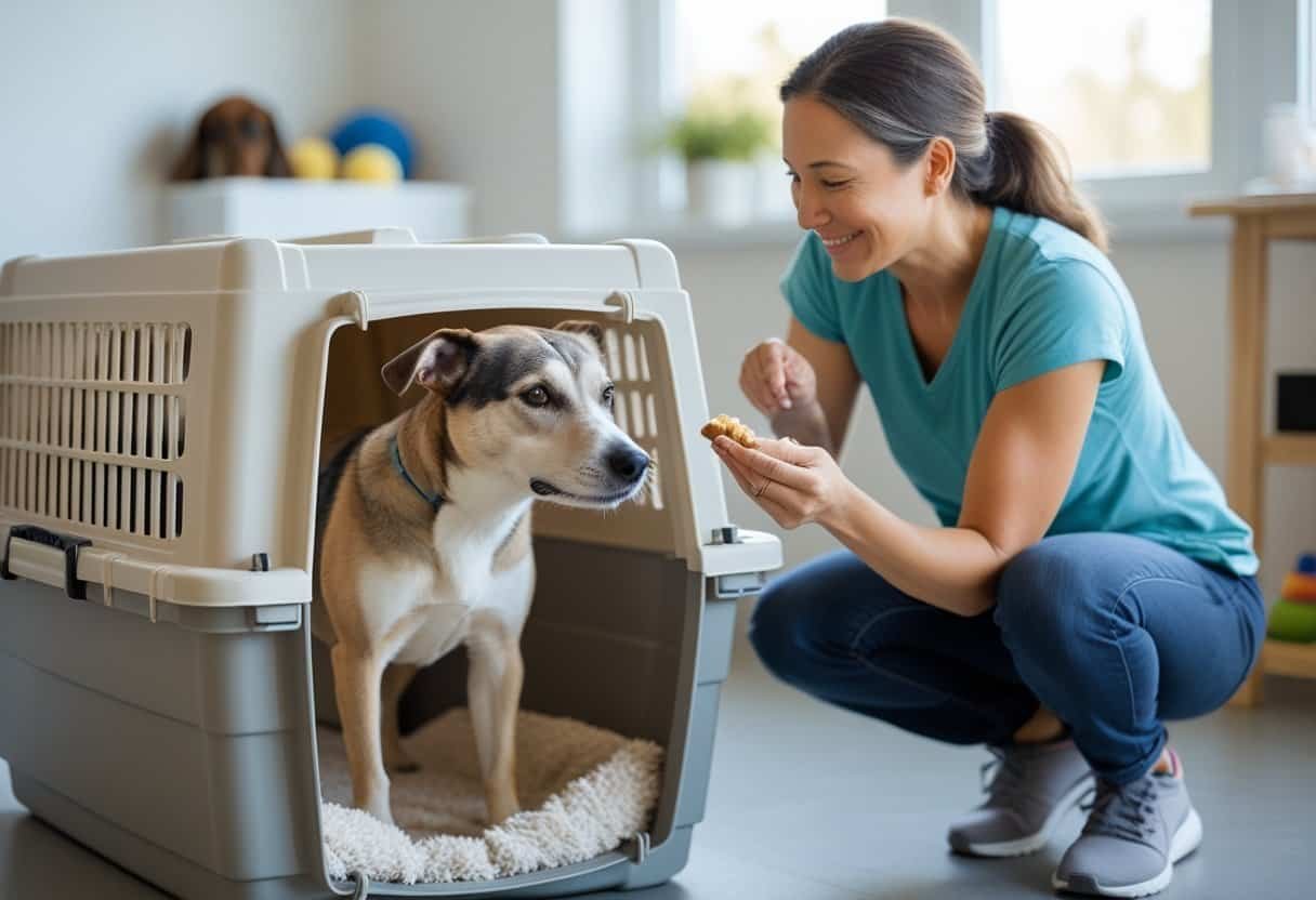 A dog trainer gently crate training a rescued dog in a bright indoor room. A dog trainer gently crate training a rescued dog in a bright indoor room.