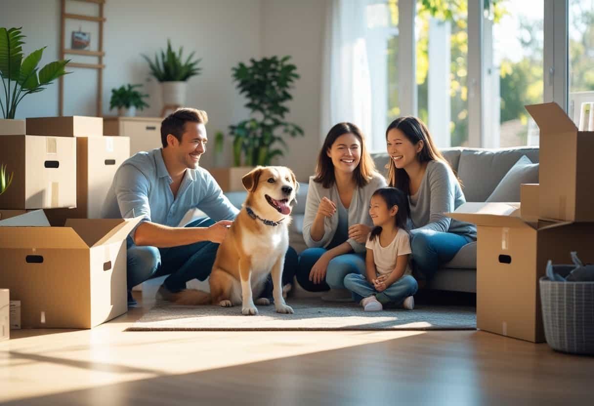A family happily interacting with their calm dog in a bright living room while unpacking boxes in their new home. A family happily interacting with their calm dog in a bright living room while unpacking boxes in their new home.