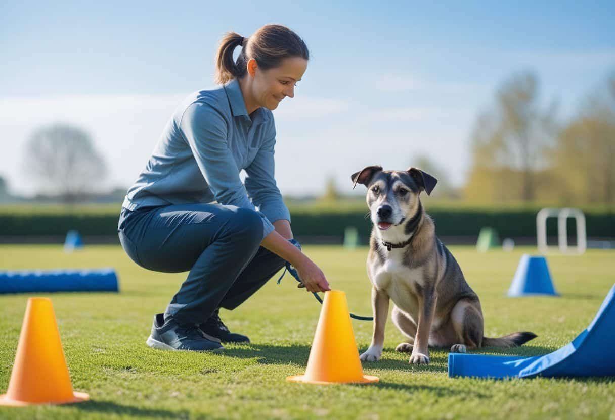A dog trainer gently guiding a rescued dog sitting attentively outdoors in a grassy training area. A dog trainer gently guiding a rescued dog sitting attentively outdoors in a grassy training area.