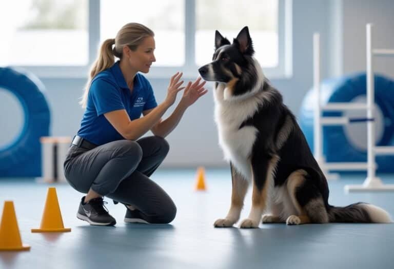 A dog attentively interacting with a trainer during a private indoor training session in a bright room with training equipment.