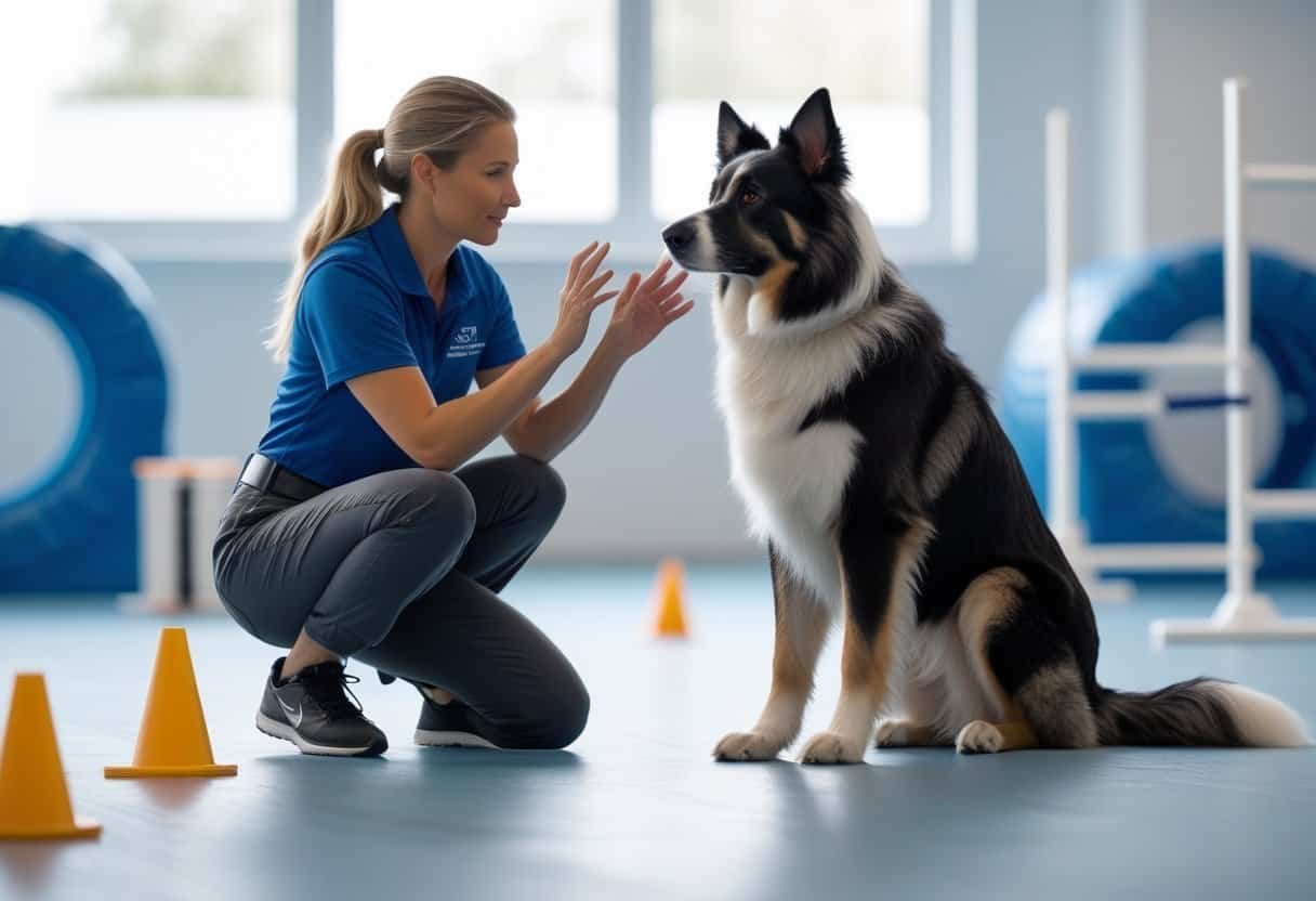 A dog attentively interacting with a trainer during a private indoor training session in a bright room with training equipment.