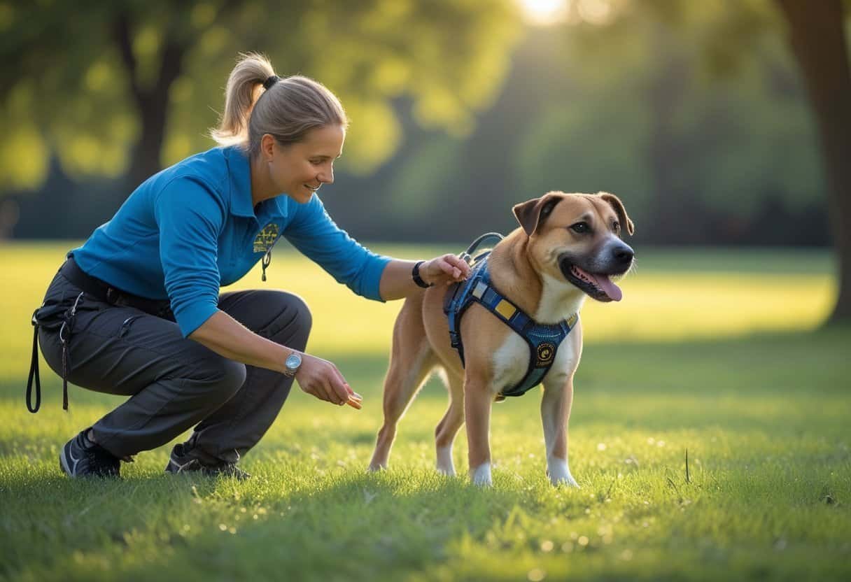 An adult dog being trained by a person outdoors in a green park setting. An adult dog being trained by a person outdoors in a green park setting.