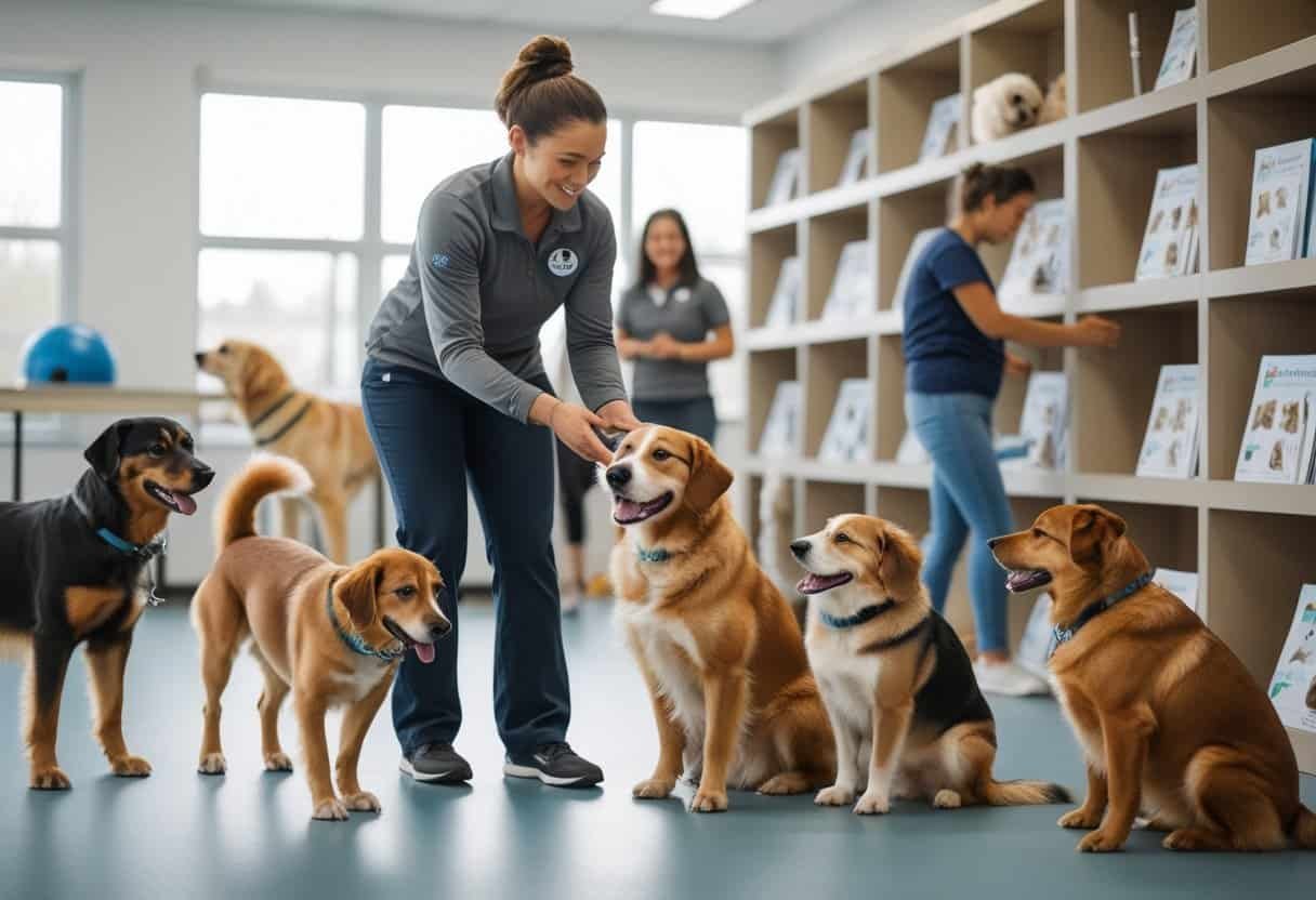 People interacting with trained dogs at a dog adoption center indoors. People interacting with trained dogs at a dog adoption center indoors.