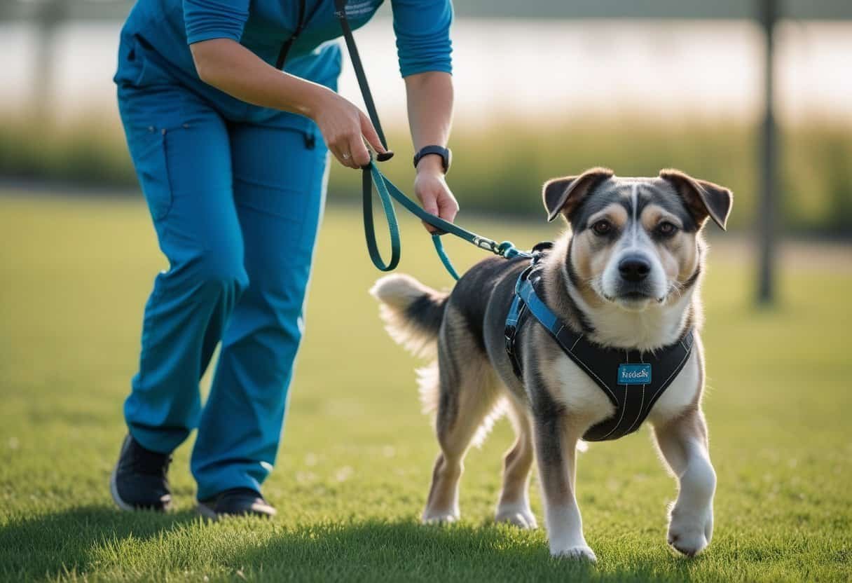 A dog trainer guiding a rescue dog outdoors during a training session. A dog trainer guiding a rescue dog outdoors during a training session.