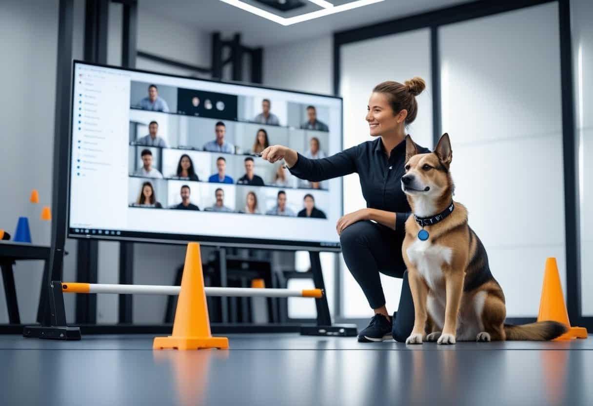 A dog trainer conducting a virtual orientation session with a calm dog in a modern training room equipped with training tools and a large screen showing participants.