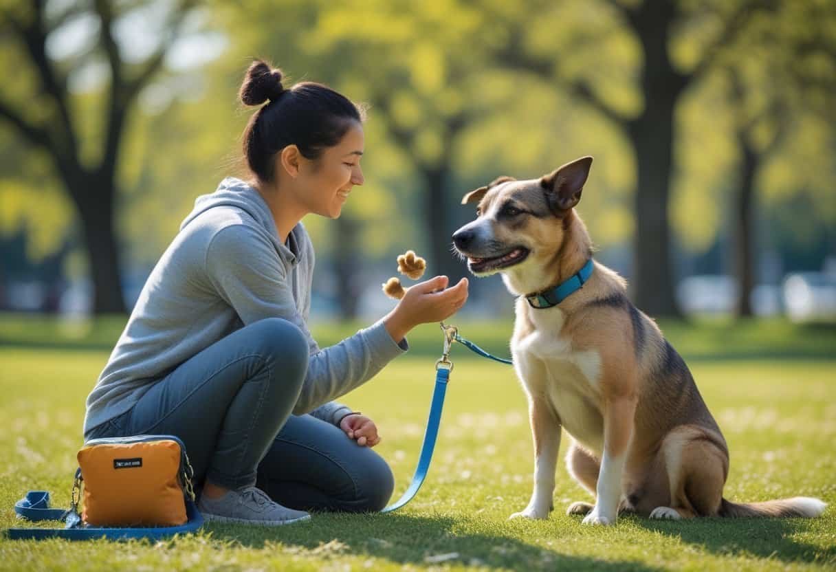 A person bonding with a rescue dog during an outdoor training session in a park. A person bonding with a rescue dog during an outdoor training session in a park.
