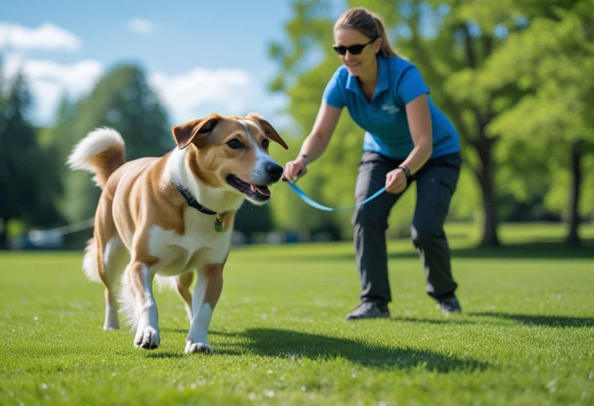 A dog performing a training exercise outdoors with a trainer in a green park.