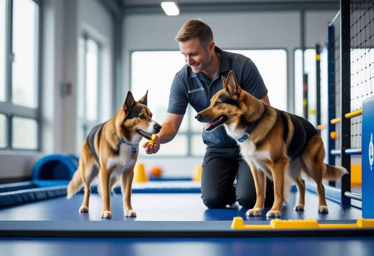 A dog trainer working closely with an attentive dog during a training session inside a bright, modern facility.