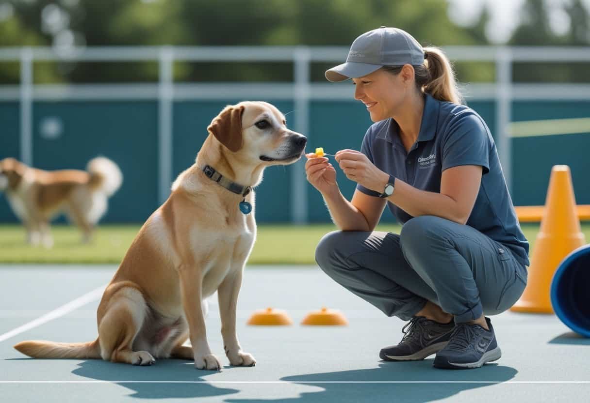 A dog trainer working with a calm dog outdoors at a rescue center, using positive reinforcement during training. A dog trainer working with a calm dog outdoors at a rescue center, using positive reinforcement during training.