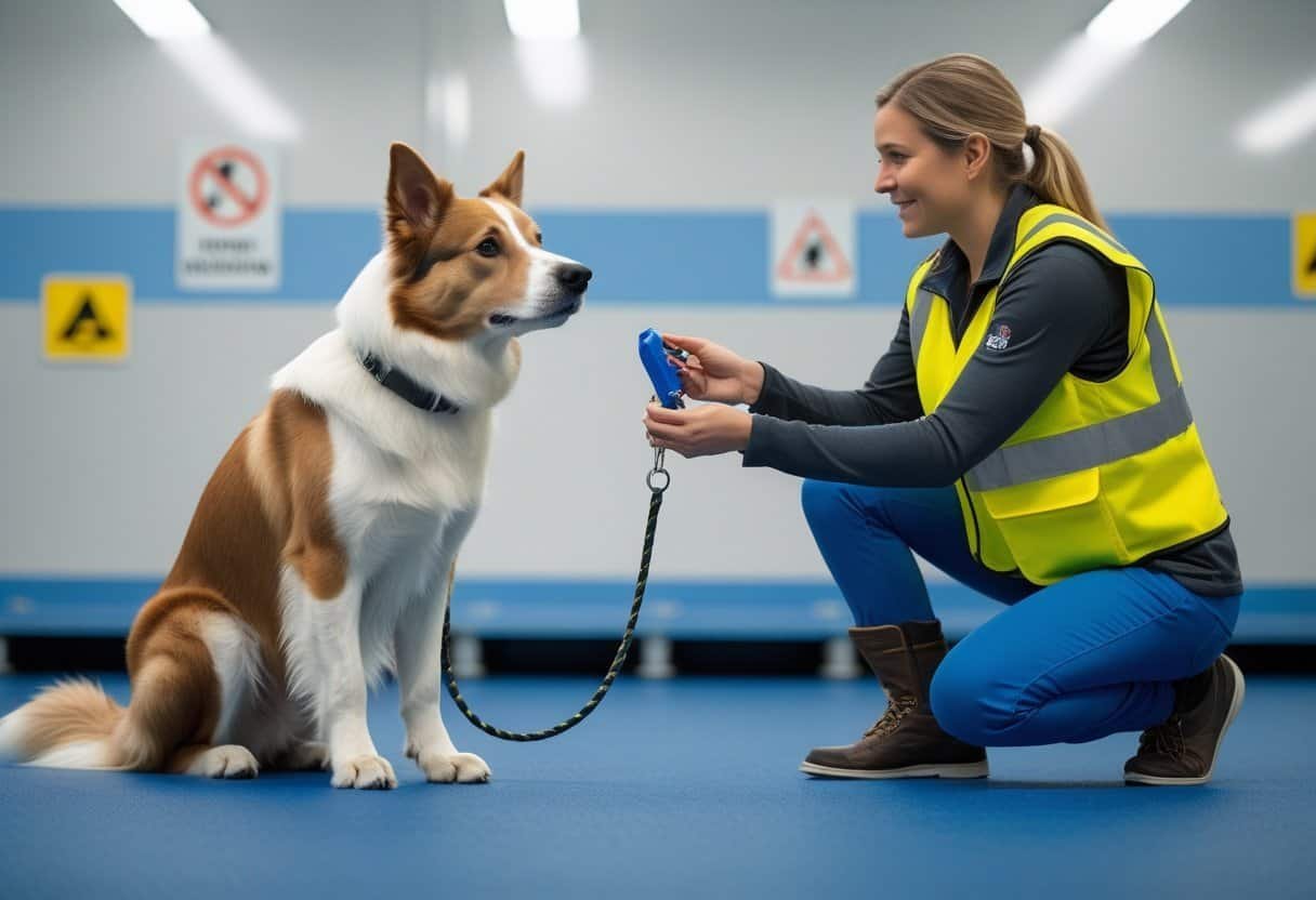A dog attentively looks at a trainer in a safe indoor training facility focused on health and safety.