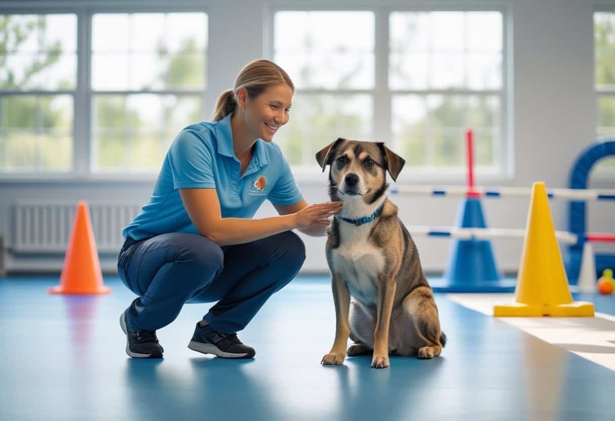 A dog trainer kneeling beside a calm rescued dog in a bright indoor training facility with training equipment in the background. A dog trainer kneeling beside a calm rescued dog in a bright indoor training facility with training equipment in the background.