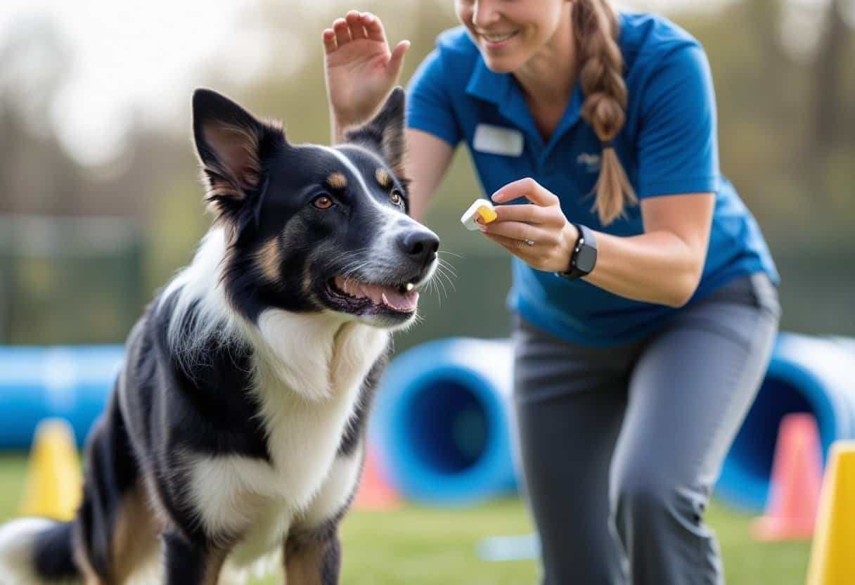 A dog attentively responding to a trainer's commands in an outdoor training area with agility equipment.