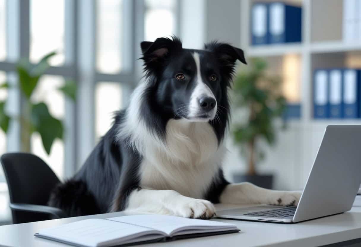 A Border Collie dog sitting attentively near a desk with a laptop and notebook in a modern office setting.