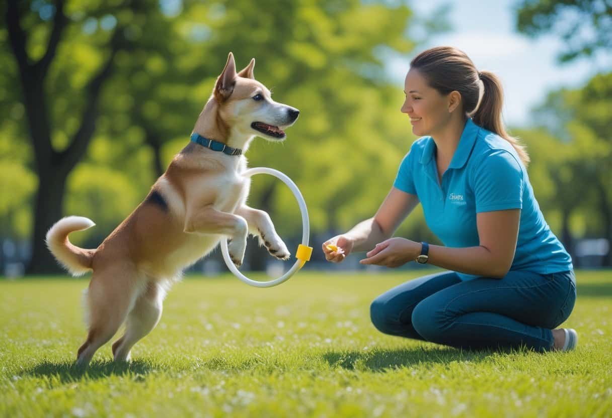 A person training a dog outdoors in a park, with the dog performing an advanced trick like balancing on its hind legs.