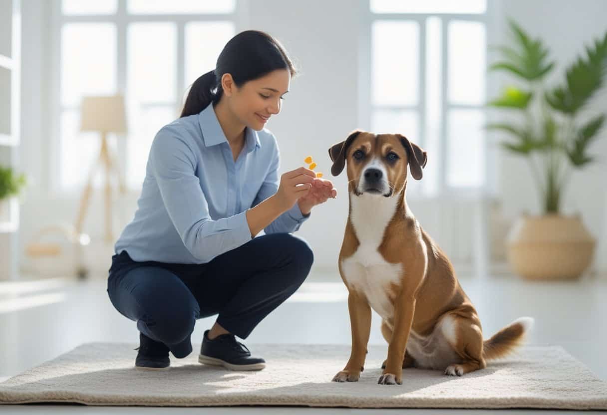 A person training a dog indoors, with the dog sitting attentively and the person holding a treat. A person training a dog indoors, with the dog sitting attentively and the person holding a treat.