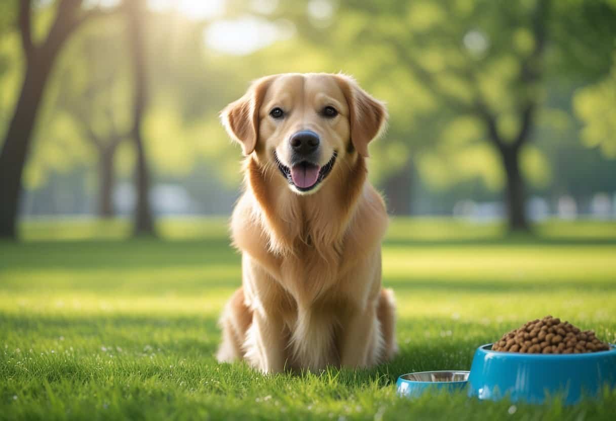 A happy golden retriever sitting on grass in a sunny park with a water bowl and dog food nearby. A happy golden retriever sitting on grass in a sunny park with a water bowl and dog food nearby.