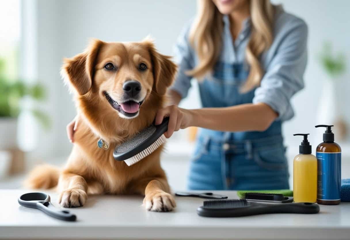 A person brushing a medium-sized dog indoors, with grooming tools visible nearby. A person brushing a medium-sized dog indoors, with grooming tools visible nearby.