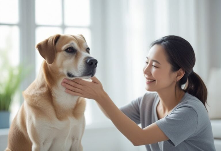 An adult gently petting a calm dog indoors, showing care and companionship.