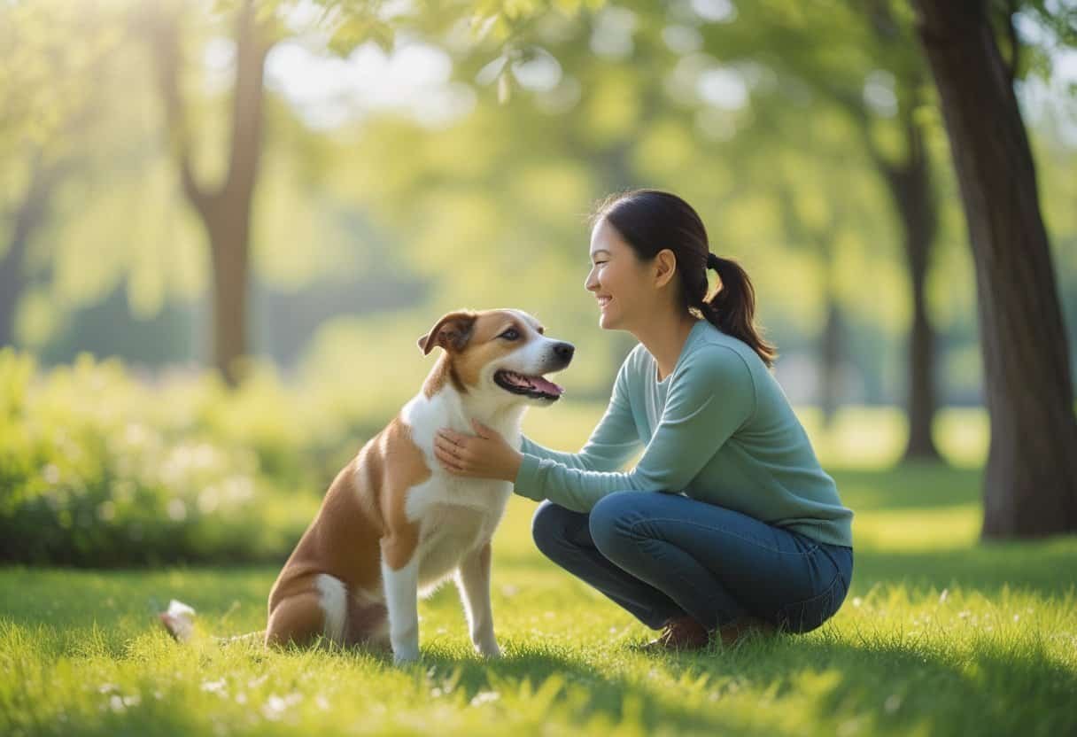 A person and their dog sharing a close, happy moment outdoors in a green park. A person and their dog sharing a close, happy moment outdoors in a green park.