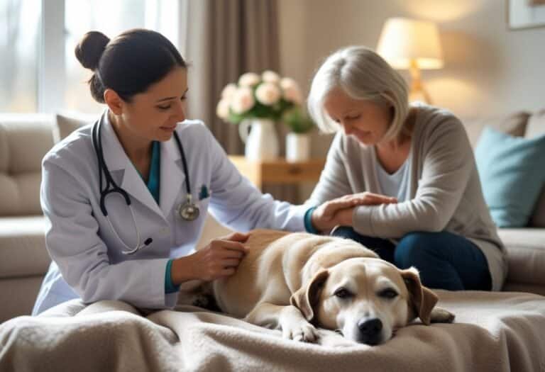 A veterinarian gently comforting an elderly dog at home while the pet owner holds the dog's paw in a cozy living room.