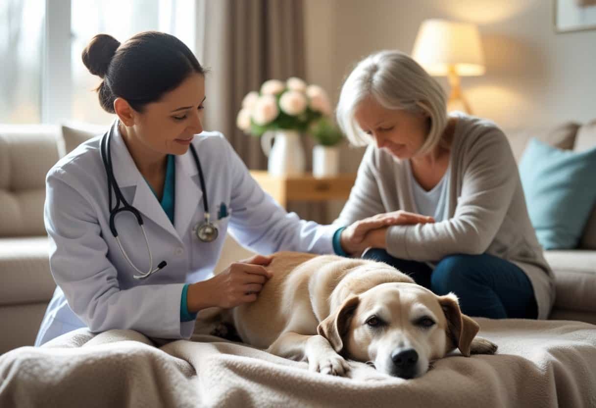 A veterinarian gently comforting an elderly dog at home while the pet owner holds the dog's paw in a cozy living room.