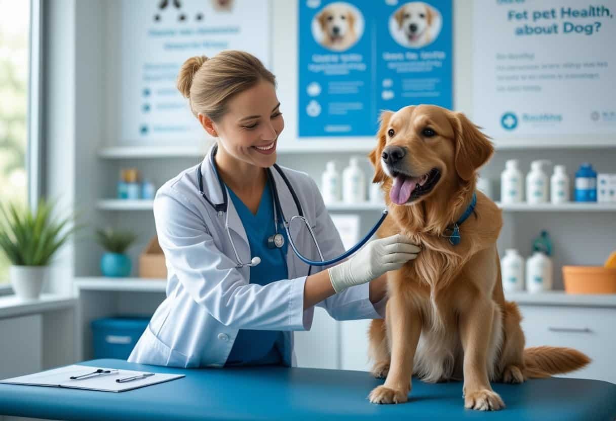 A veterinarian gently examining a golden retriever dog in a clean clinic, both appearing calm and friendly. A veterinarian gently examining a golden retriever dog in a clean clinic, both appearing calm and friendly.