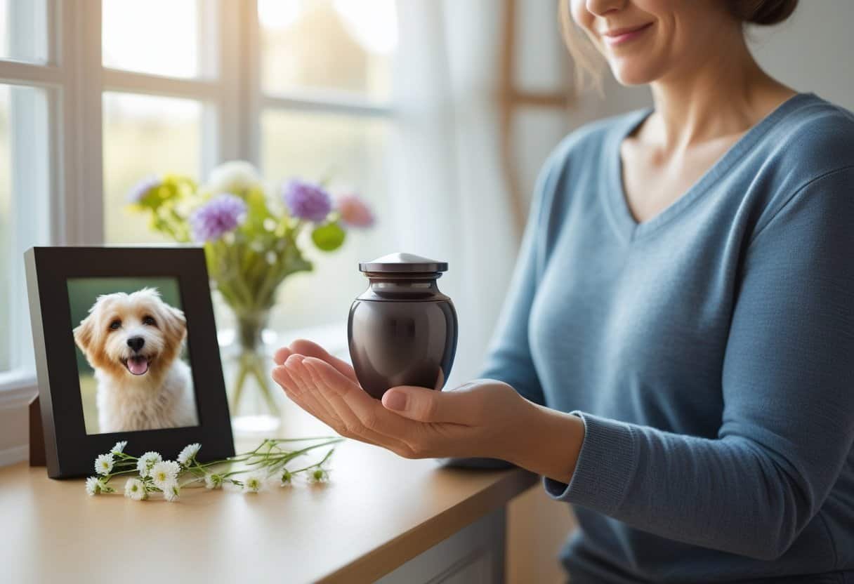 A person holding a small urn with a framed photo of a pet and flowers on a table nearby.