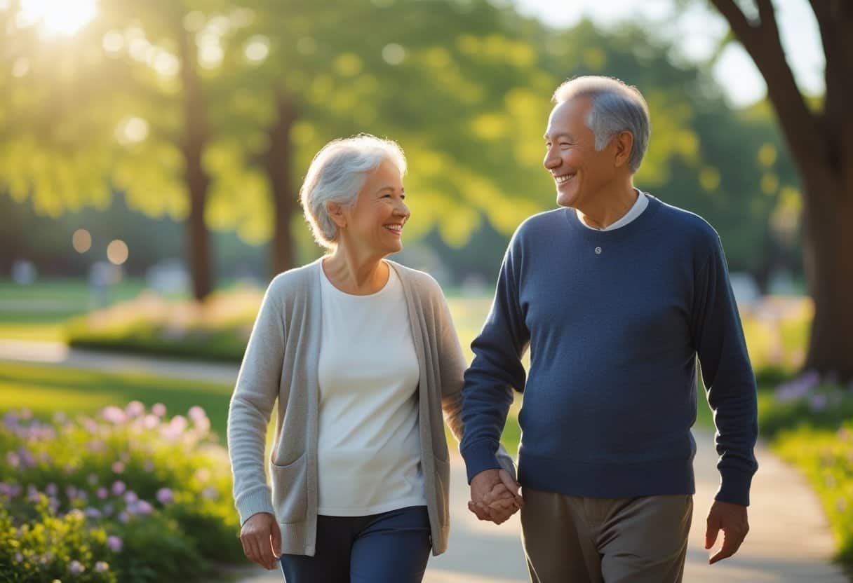An elderly person and a middle-aged adult walking together in a sunny park, smiling and enjoying each other's company.