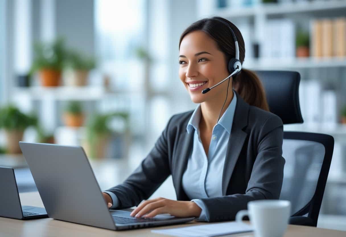 Customer service representative wearing a headset and smiling while working at a desk in an office.