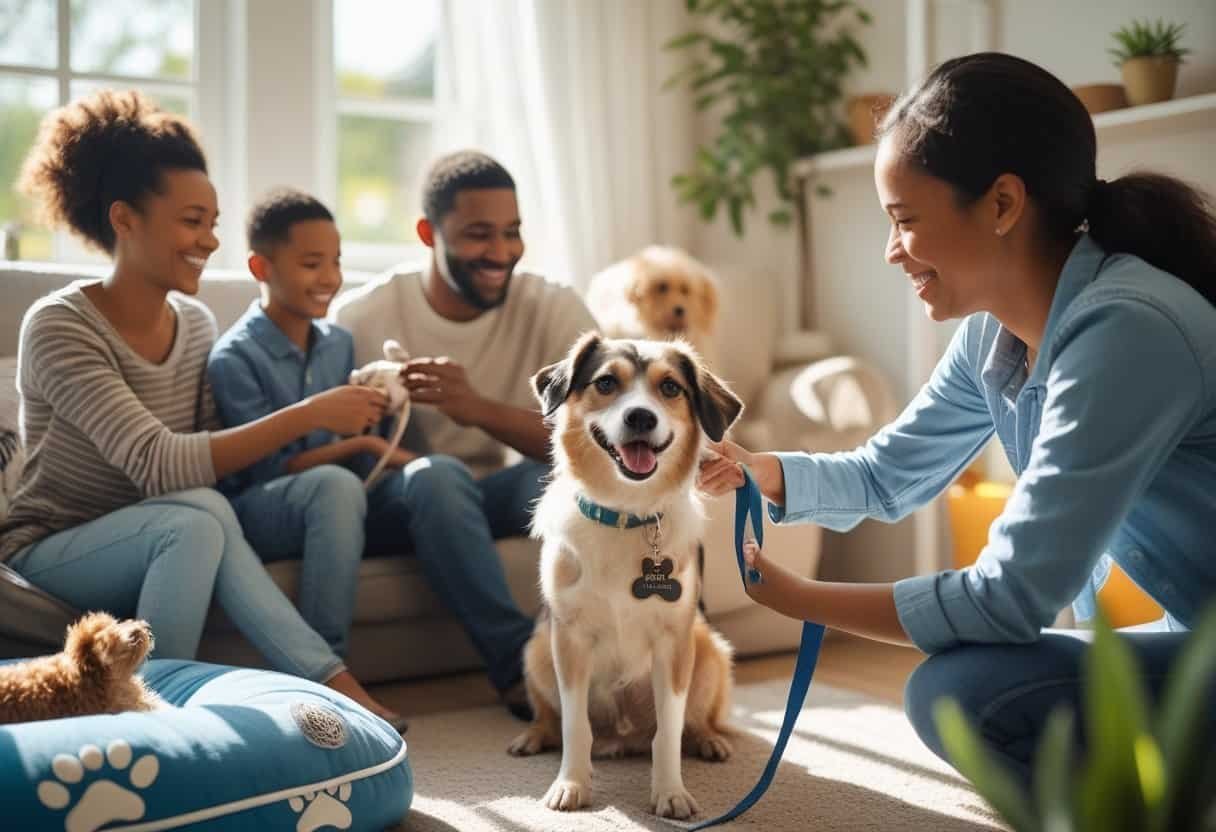 A family happily welcoming a rescued dog into their home with smiles and gentle petting, while a shelter worker hands over adoption papers.