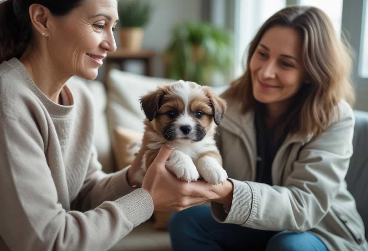 A small puppy being gently handed from one person to another inside a cozy living room.