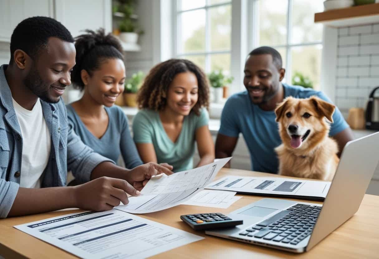 A family reviewing adoption paperwork at a kitchen table with a rescued dog nearby.