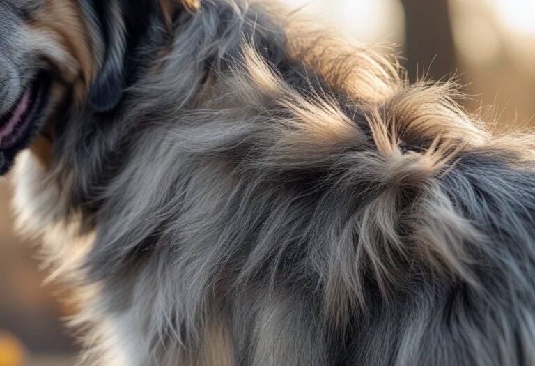 Close-up of a dog shedding its fur, showing loose hair and patterns in its coat.