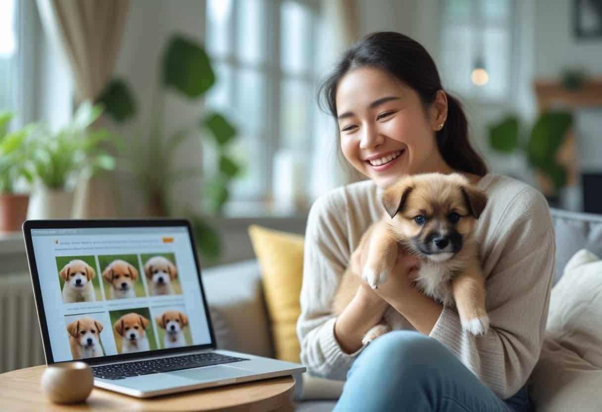 A woman holding a small puppy indoors with a laptop nearby showing puppy adoption listings. A woman holding a small puppy indoors with a laptop nearby showing puppy adoption listings.