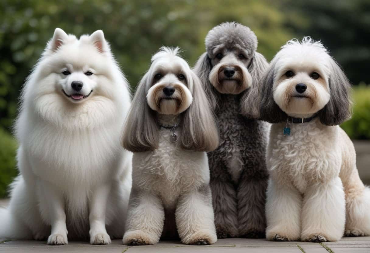 A group of different dog breeds with distinctive coats sitting outdoors on grass with greenery in the background.