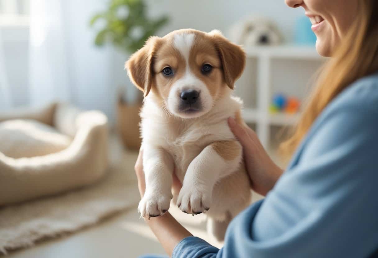A happy puppy being gently held by a smiling adult in a bright, cozy home environment. A happy puppy being gently held by a smiling adult in a bright, cozy home environment.